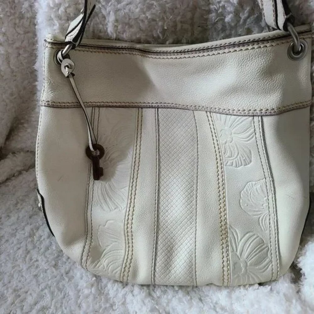Fossil Off White Tooled Leather Hobo Shoulder Bag